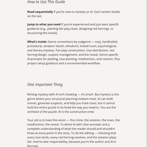 May include: A digital guide titled The Plotting Table, featuring instructions on how to use the guide, a summary of contents including genre conventions, fair-play construction, and AI prompts, and a section titled One Important Thing about AI.