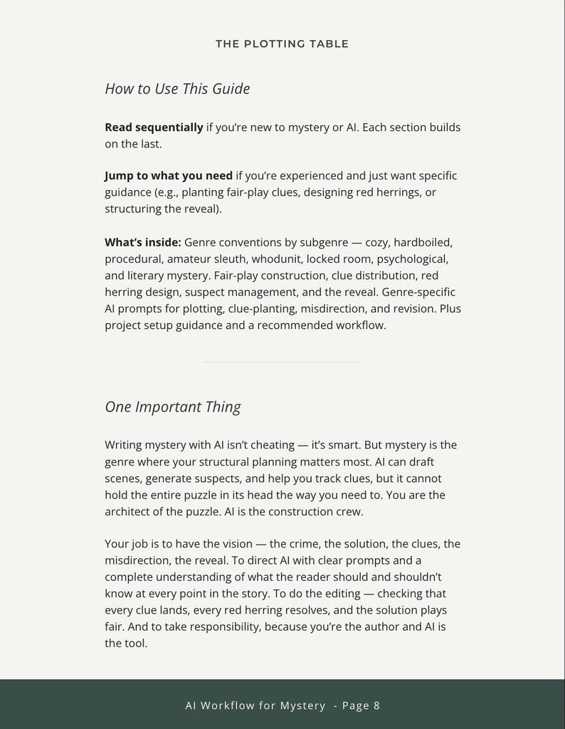 May include: A digital guide titled The Plotting Table, featuring instructions on how to use the guide, a summary of contents including genre conventions, fair-play construction, and AI prompts, and a section titled One Important Thing about AI.
