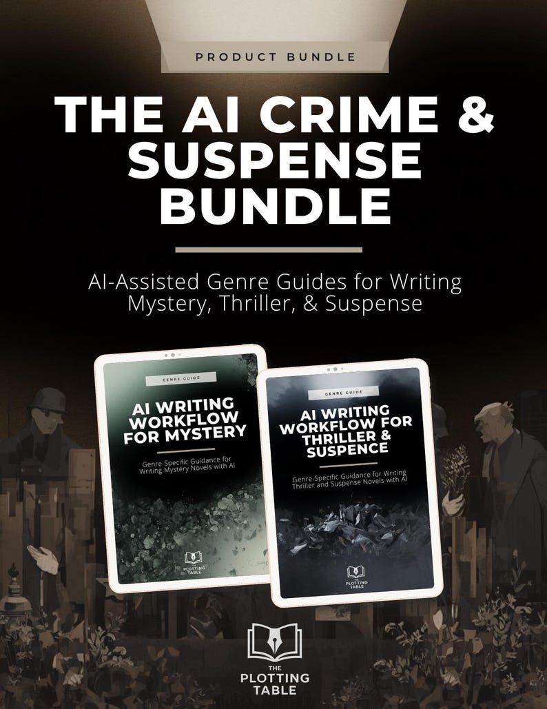 May include: A product bundle titled The AI Crime & Suspense Bundle, featuring two digital guides: AI Writing Workflow for Mystery and AI Writing Workflow for Thriller & Suspense. The covers are black and white with text and a logo at the bottom.