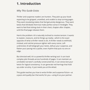 May include: A page titled THE PLOTTING TABLE featuring an introduction to a guide on writing thriller and suspense fiction using AI. The text discusses how AI can be used as a tool to track plot threads, test twists, and generate red herrings.