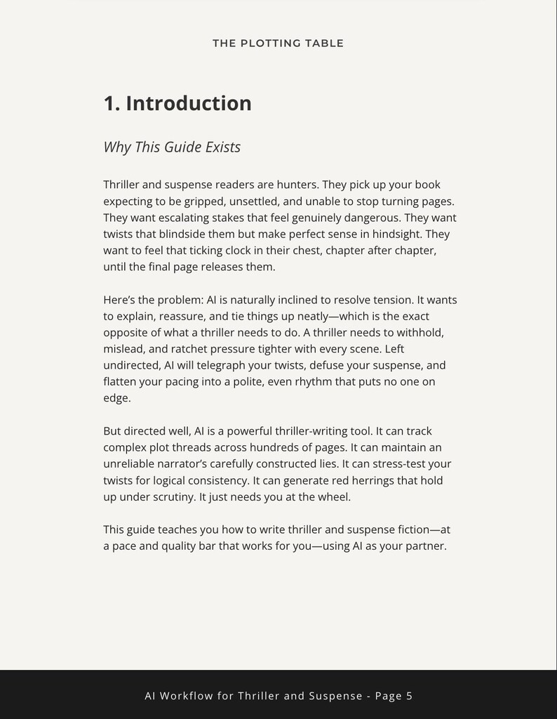 May include: A page titled THE PLOTTING TABLE featuring an introduction to a guide on writing thriller and suspense fiction using AI. The text discusses how AI can be used as a tool to track plot threads, test twists, and generate red herrings.