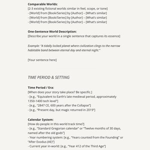 May include: A page from "The AI Worldbuilding Toolkit" with the title "The Plotting Table." It includes sections on comparable worlds, one-sentence world descriptions, time periods, and calendar systems. The page is white with dark green accents.