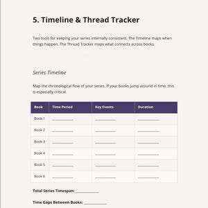 May include: A page from "The Plotting Table" workbook, titled "5. Timeline & Thread Tracker." It includes a series timeline with sections for book, time period, key events, and duration. The text explains how to map the chronological flow of a series.