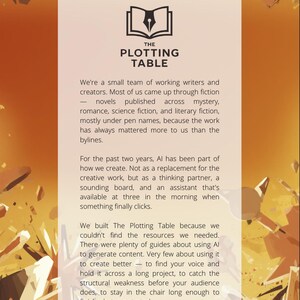 Puede incluir: Gr&aacute;fico promocional para "The Plotting Table", con un logotipo de un bol&iacute;grafo dentro de un libro abierto. El texto dice "Acerca de nosotros" y describe un equipo de escritores y creadores centrados en la ficci&oacute;n, el misterio, el romance y la ciencia ficci&oacute;n.