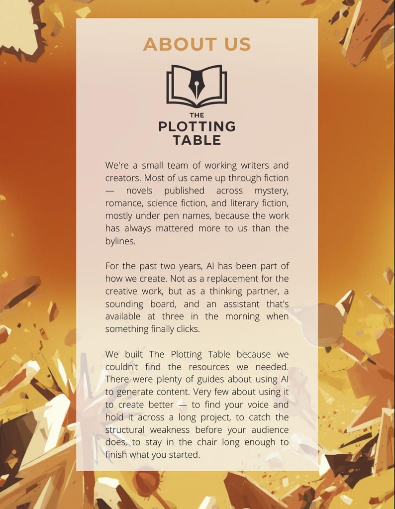 Puede incluir: Gr&aacute;fico promocional para "The Plotting Table", con un logotipo de un bol&iacute;grafo dentro de un libro abierto. El texto dice "Acerca de nosotros" y describe un equipo de escritores y creadores centrados en la ficci&oacute;n, el misterio, el romance y la ciencia ficci&oacute;n.