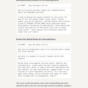 May include: A white page from "The AI Worldbuilding Toolkit" with text titled "Develop Sensory Details for an Existing World" and "Stress-Test World Rules for Contradictions." The page includes prompts for AI and instructions for worldbuilding.