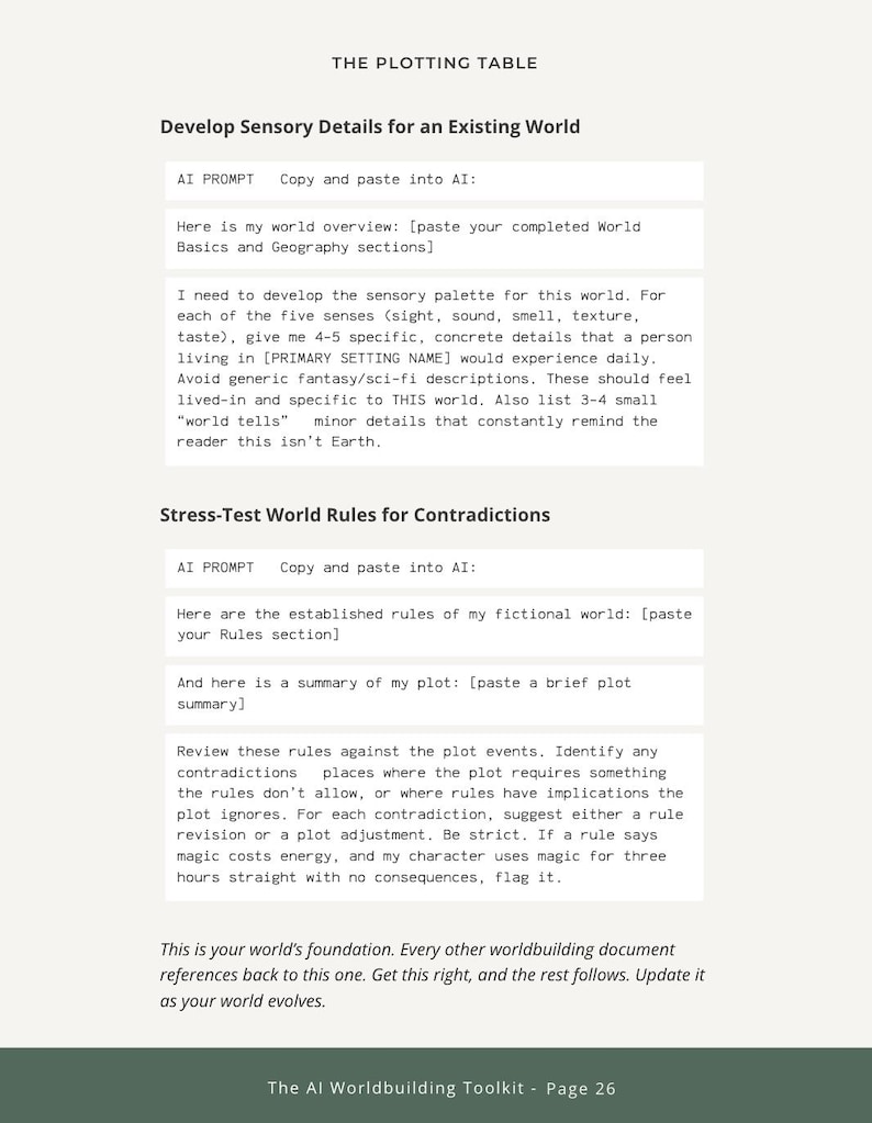 May include: A white page from "The AI Worldbuilding Toolkit" with text titled "Develop Sensory Details for an Existing World" and "Stress-Test World Rules for Contradictions." The page includes prompts for AI and instructions for worldbuilding.