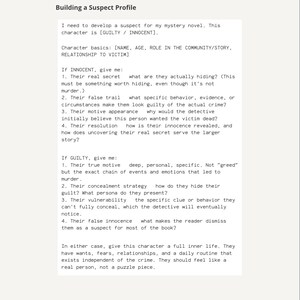 May include: A white document titled THE PLOTTING TABLE with the heading Building a Suspect Profile. The text provides a structured template for developing mystery novel characters, including prompts for both innocent and guilty suspect categories.