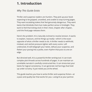May include: A page from "The Plotting Table" guide, titled "1. Introduction." The text explains how to write thriller and suspense fiction using AI. The page includes the text "Why This Guide Exists" and "Al Workflow for Thriller and Suspense - Page 5."