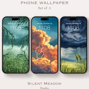 May include: Three phone wallpapers with stormy day themes. Each phone displays a different weather scene: rain, lightning, and a windy day. The text on the image reads "Stormy Days" and "Phone Wallpaper Set of 3". The time displayed is 11:08.