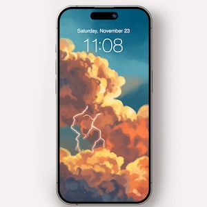 May include: A smartphone displays a digital wallpaper titled 'Charged Sky'. The artwork features a dramatic sky with orange and yellow clouds, and lightning bolts. The lock screen shows the date and time: Saturday, November 23, 11:08. The studio name 'Silent Meadow' is at the bottom.