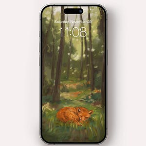 Sleeping Fox Forest Phone Wallpaper Hand Painted Autumn Leaves Fall Aesthetics iPhone Lockscreen Peaceful Wildlife Scenic Samsung Background