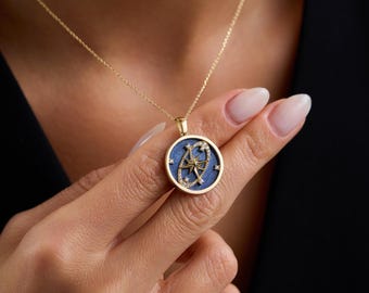 14Kゴールドコンパスロケットネックレス、14Kゴールドコンパスペンダント、北極星ペンダント、天体ジュエリー