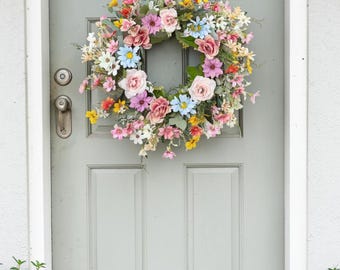 Corona de flores de margaritas, corona de primavera para puerta, corona floral de granja, decoración de Pascua, corona para puerta de entrada, decoración rústica de pared de primavera