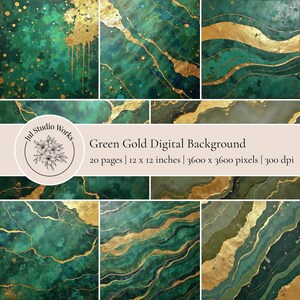 20 Emerald Gold Marble Backgrounds PNG Luxury Scrapbook Paper Abstract Textures Digital Download