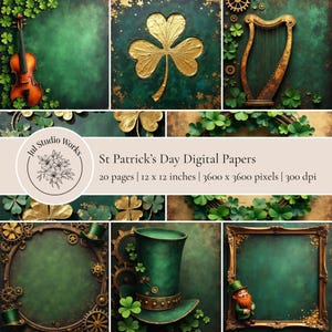 20 Vintage St. Patrick's Day Digital Background Shamrock PNG Paper Clover Green Scrapbook Frames