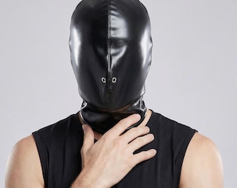 Faux Leather Hood Mask With Zipper | Fetish Cosplay Hood Mask | Adult Costume Hood | Gothic Face Mask