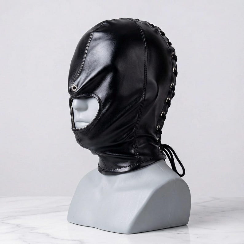 Máscara de capucha de cuero sintético / Capucha de disfraz con espalda ajustable y encaje / Accesorio para la cabeza de cosplay imagen 1