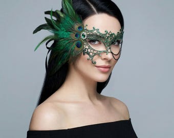 Venetian Lace Mask with Peacock Feathers | Masquerade Party Eye Mask