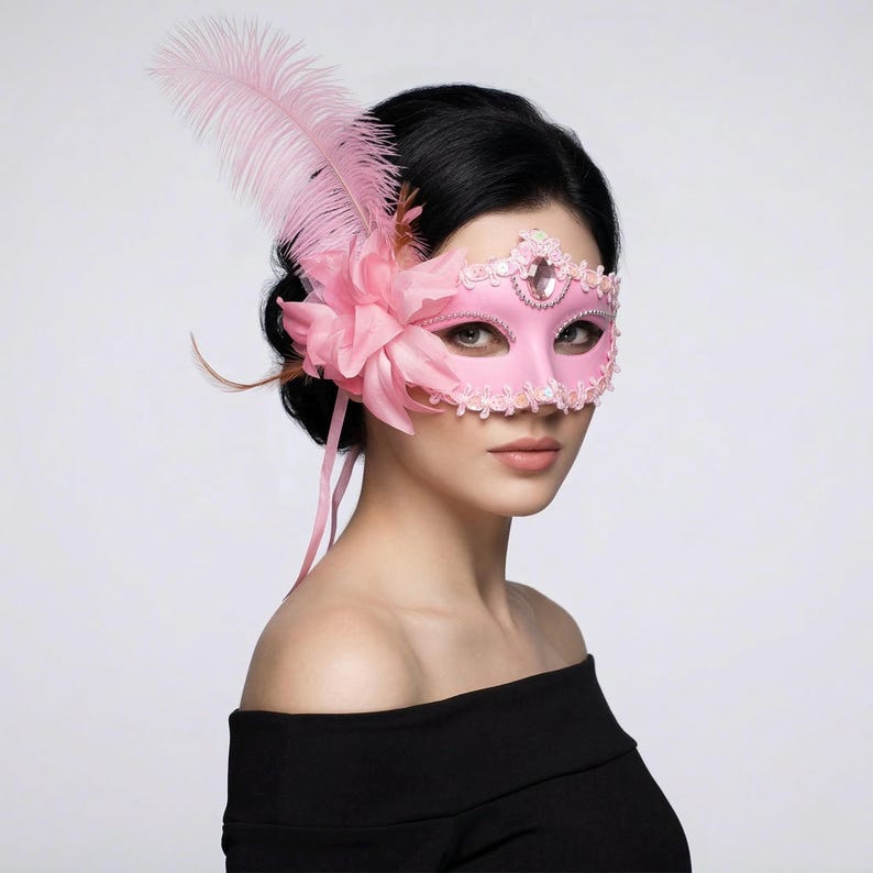 Masld Ribbon Feather Masquerade Mask | Rhinestone Lace Venetian Carnival Party ...