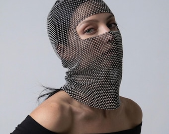 Rhinestone Hood Mask | Crystal Mesh Full Face Hood | Sparkling Party Wear | Rave Festival Face Cover | Statement Costume Accessory