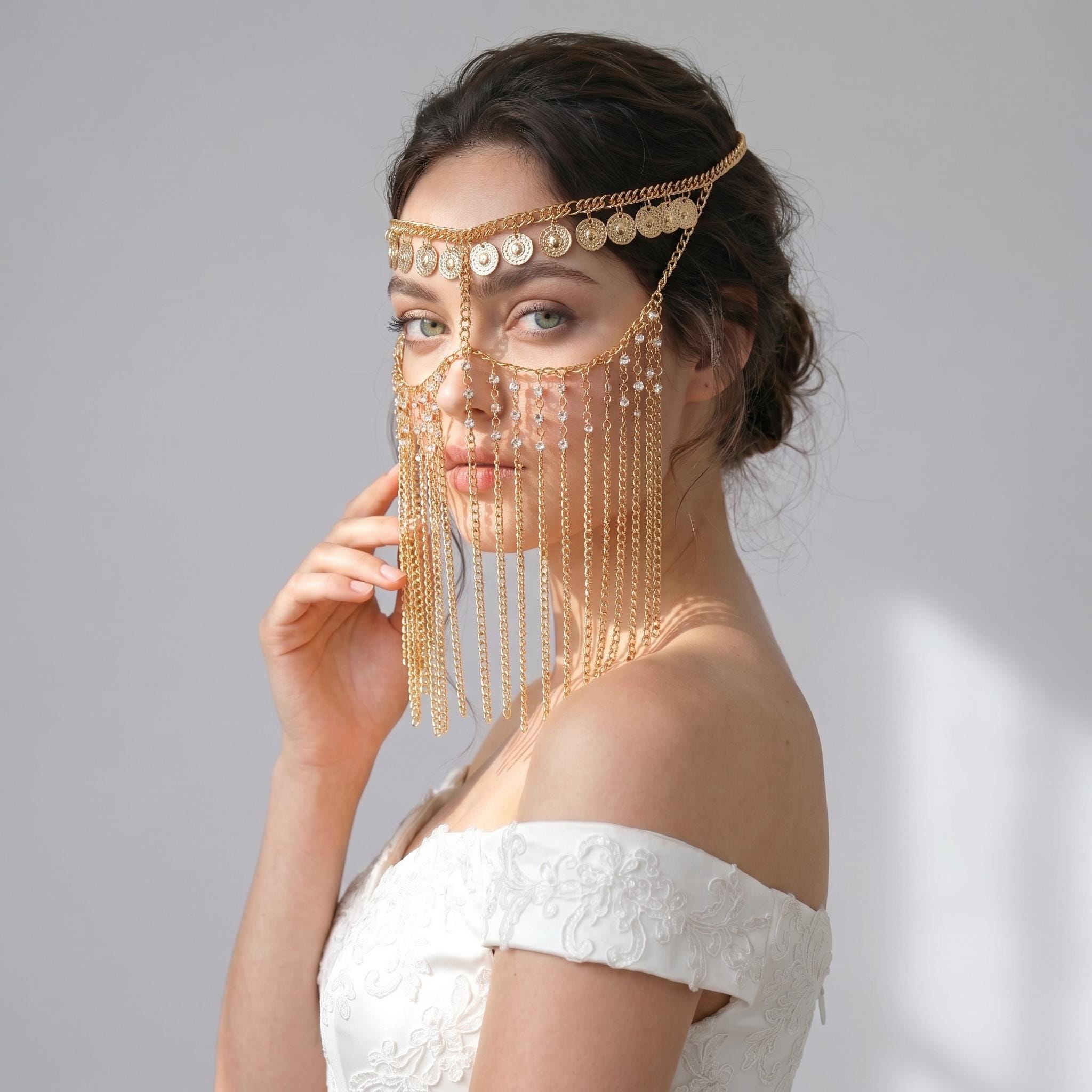 Gold Face Veil Headpiece | Rhinestone Hair Chain Veil  display picture 1