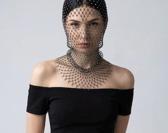 Copricapo con velo in rete di strass / Maschera con cappuccio in rete di cristalli / Gioielli per capelli da festival / Costume da testa alla moda da donna
