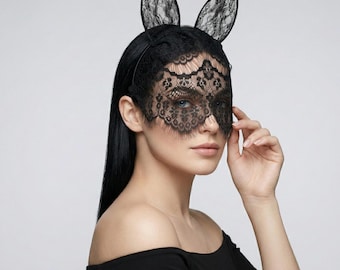 Black Lace Cat Ear Mask | Gothic Style Veil Headband | Women Masquerade Party Face Mask | Cosplay Accessory