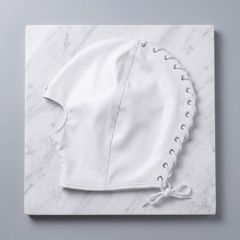 Puede incluir: Una capucha blanca con una abertura para la cara y un cierre de cordones en el lateral. La capucha est&aacute; hecha de un material liso y brillante y est&aacute; atada con un lazo. La capucha est&aacute; sobre una superficie de m&aacute;rmol blanco.