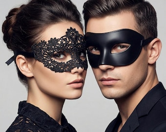 2Pcs Couples Masquerade Mask Set | Elegant Lace And Matte Mask | Venetian Masquerade Party Mask | Mardi Gras Costume Masks |