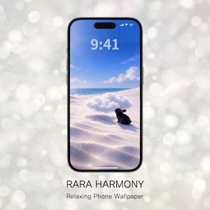 May include: A smartphone displays a serene wallpaper featuring a black rabbit on a sandy beach under a fluffy cloud, with a blue sky and ocean backdrop. The time 9:41 is shown on the screen. The text "RARA HARMONY" and "Relaxing Phone Wallpaper" are at the bottom.