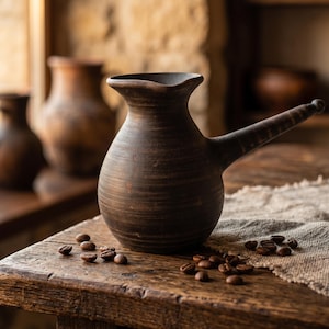 Può includere: Una caffettiera in ceramica marrone scuro con un lungo beccuccio e manico è appoggiata su un tavolo di legno rustico. Chicchi di caffè sono sparsi intorno alla caffettiera. Altri vasi in ceramica sono visibili sullo sfondo.