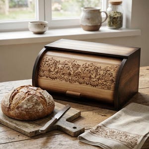 Puede incluir: Una panera de madera con un diseño floral decorativo, una hogaza de pan, una tabla de cortar, un cuchillo y una toalla de lino sobre una mesa de madera. La panera tiene una tapa enrollable y un acabado marrón oscuro.