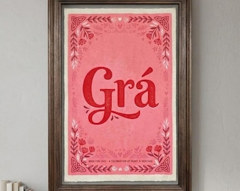 Grá | Modern Irish Gaeilge Typography Art Print – Vibrant Pink & Red Heritage Poster