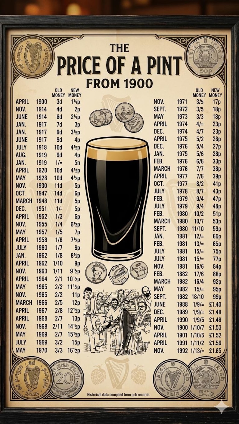 May include: A framed poster with a black background shows a historical chart of the price of a pint of beer from 1900. The chart includes dates, prices, and illustrations of coins and a pint glass.