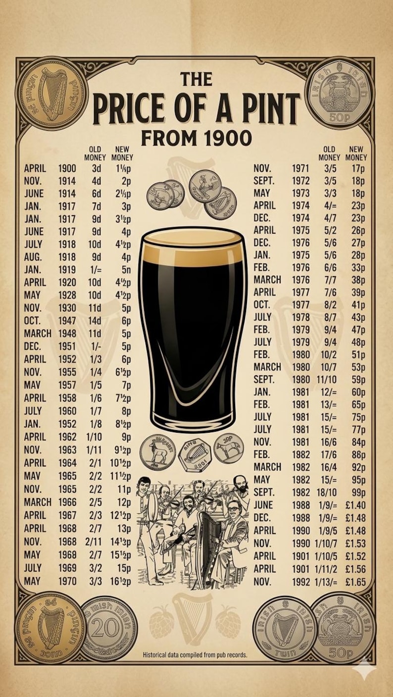 May include: A poster detailing the price of a pint from 1900 to 1992, featuring a pint of dark beer. Includes historical data, coin illustrations, and a group of people.