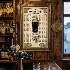 May include: Interior of an Irish pub with a wooden bar and paneling. A framed poster displays "The Price of a Pint From 1900." A pint of stout and a whiskey are on the bar. A sign advertises "Live Music Thursday."