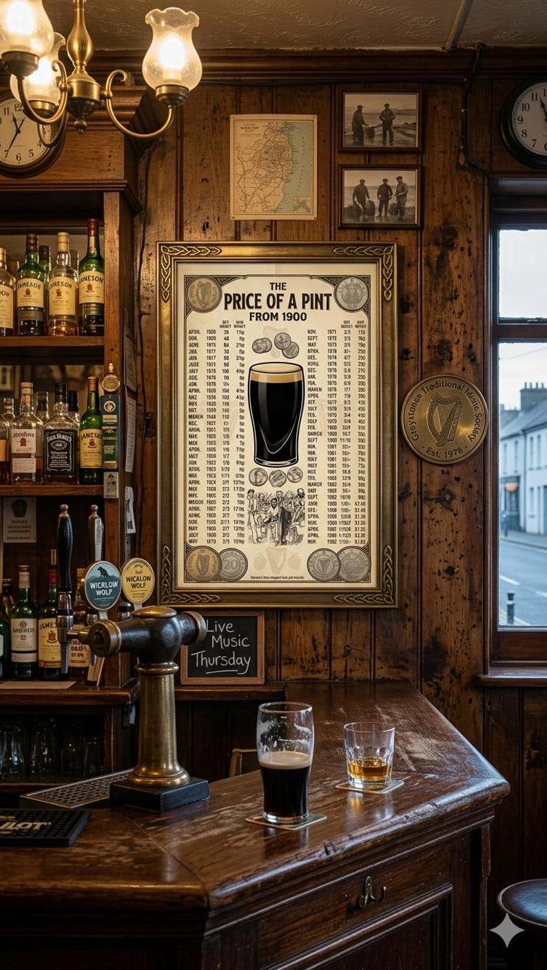 May include: Interior of an Irish pub with a wooden bar and paneling. A framed poster displays "The Price of a Pint From 1900." A pint of stout and a whiskey are on the bar. A sign advertises "Live Music Thursday."