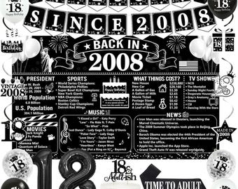 18th Birthday Decorations for Boys Girls, 20PCS Black and White Back in 2008 Birthday Party Supplies, Vintage 2008 Banner,Time To Adult Sash