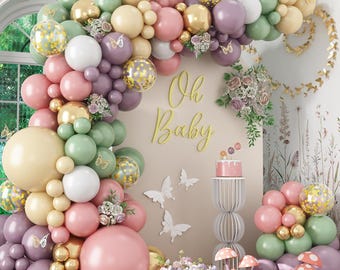 Dusty Green Purple Pink Balloon Arch Kit, Fairy Wildflower Balloon Garland Sage Green Blush Pink Lavender Purple Gold Balloons for Party