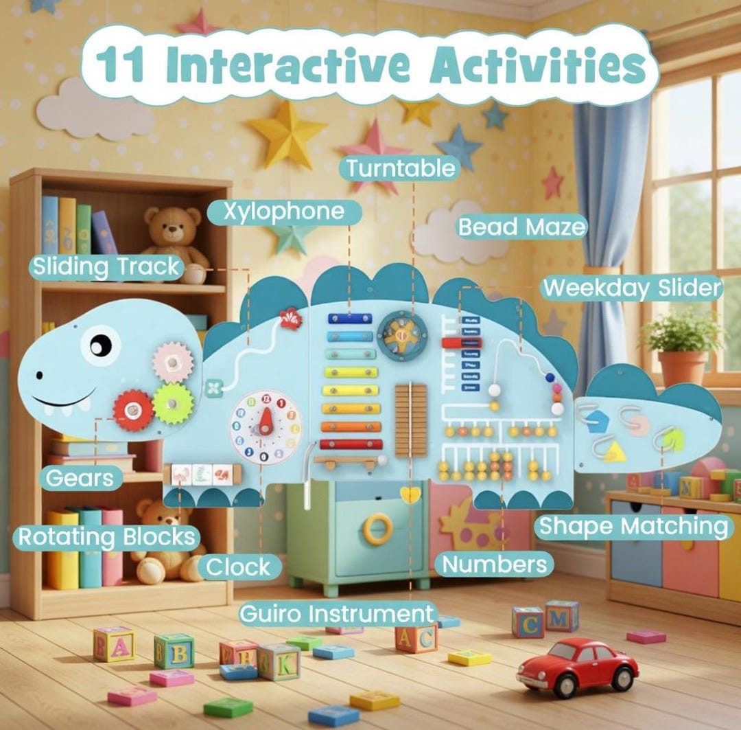 Dinosaur Busy Board Montessori 11-in-1 Wooden Sensory Wall Panel ...