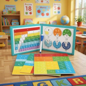 May include: Educational fraction manipulatives in a classroom setting. The set includes a whiteboard with fraction circles and a fraction bar, along with colorful fraction tiles. A blue dry-erase marker is included. The background features classroom decor.