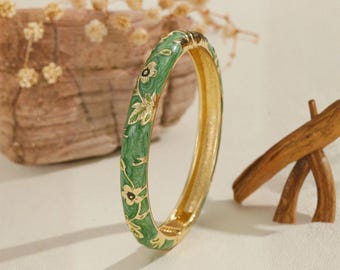 Green Floral Enamel Bangle Bracelet, Gold Tone Botanical Statement Jewelry