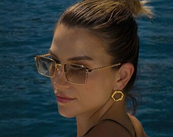 Luxury Gold Rectangle Sunglasses for Women, Retro Vintage Fashion Sunglasses, Trendy Summer Eyewear Gift