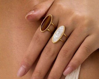 Oval Natural Stone Statement Ring, Gold Adjustable Boho Band, Elegant Fashion Jewelry