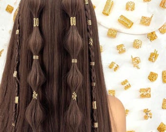 Gold Hair Cuffs Set, Boho Viking Braids Rings, Dreadlock Hair Beads Accessory