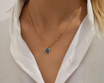 Oval Blue Stone Pendant Necklace, Gold Chain, Minimalist Elegant Jewelry