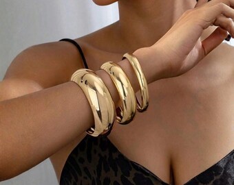 Chunky Gold Bangle Bracelet, Bold Modern Statement Cuff, Polished Shine Jewelry
