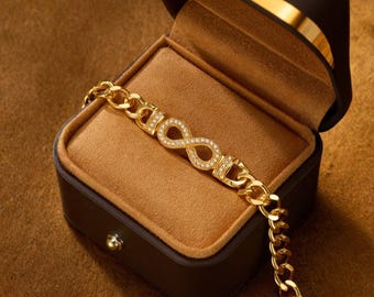 Gold Tone Infinity Bracelet, Chunky Chain, Sparkly Crystal Link