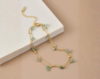 Dainty Gold Double Chain Bracelet with Natural Green Stones